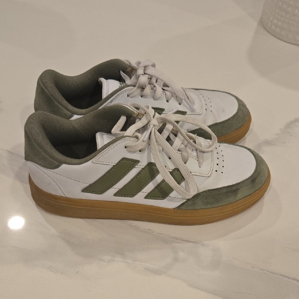 adidas White and Olive Green Sneakers with Gum Sole - Picture 2 of 7